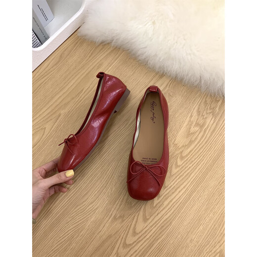 S.SOFEA红色蝴蝶结平底单鞋女款温柔气质芭蕾瓢鞋 J683-3 红色 36