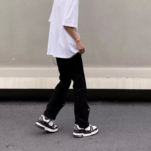 黑盒白美式高街设计感排扣牛仔裤男士春夏季ins潮牌直筒宽松微喇长裤子 DFFS-756黑色 XL