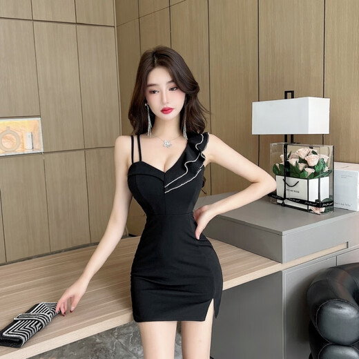 Vestido sexy para clubes nocturnos con pequeños clubes nocturnos del temperamento de suspensión bajo de la tela actualizada para mujeres mejoradas-Black M (recomendado 95 ~ 105Jin [Jin equivale a 0.5 kg])
