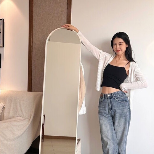 华莱德奶油风全身镜旋转穿衣镜试衣镜移动落地式挂衣架落地镜一体衣帽架 洣白色+防爆镜子