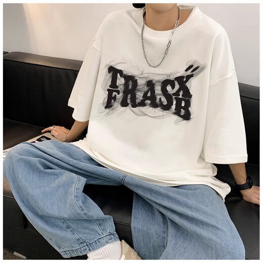 Kurzärärmelte T-Shirt Herren Lose großer runder Hals Trendy bedrucktes trendige Marke Vielseitig vielwichtiger Baumwoll-T-Shirt Top halbärzt