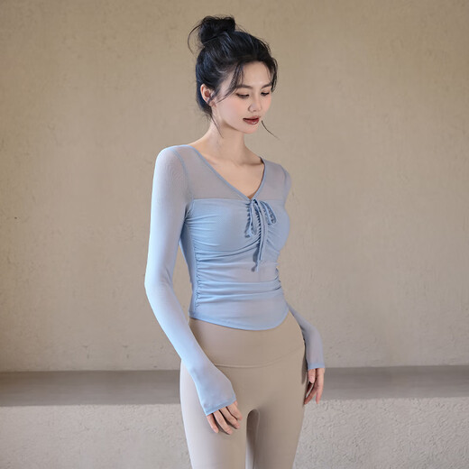 ACKDCS yoga top with chest pad for women, pure lust style mesh fitness long-sleeved Pilates training sports suit, wind chime blue, including integrated fixed chest pad M