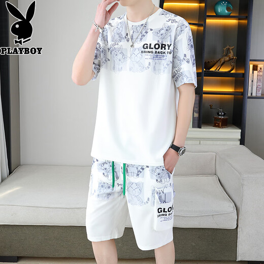 花花公子;PLAYBOY2025夏季新款渐变色短袖男装套装青年百搭短裤两件休闲运动套装男 6187蓝色 XL