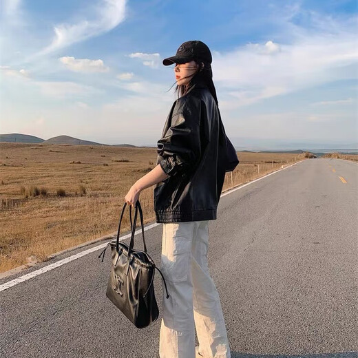 Ono seven-day black leather jacket for women, 2025 spring and autumn new Hong Kong style retro high-end clamp motorcycle fashion top leather jacket [black single layer 90-130Jin [Jin equals 0.5 kg]]
