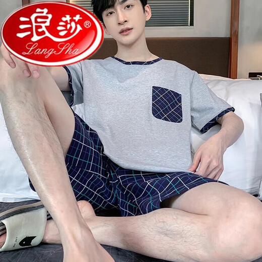 Langsha Herren-Pyjamas Frühling und Sommer reines Baumwolldünner Pullover Runder Hals kurzärmelige Jungen Großer Größe Casual Home Clothing Set 21m9928 L [100-120jin [Jin gleich 0,5 kg]] alle B