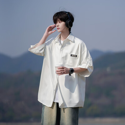 Nying Japanese Short Sorthing Shirt Men's 25 Summer New New Trendy Retro Retro Cool Breathable Chaqueta informal de gran tamaño Black XL (130-150Jin [Jin equivale a 0.5 kg])