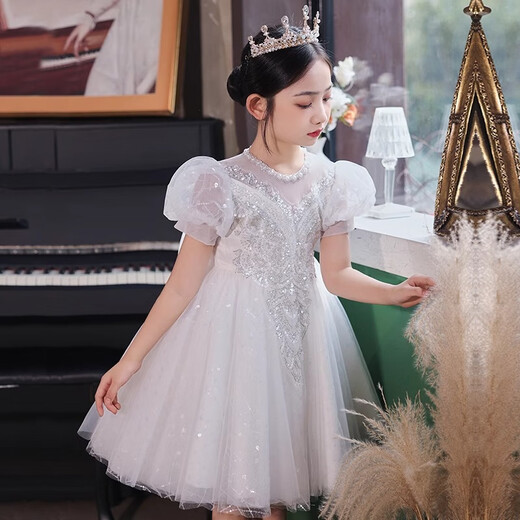 Bamino Girls 'Kleid leichte Luxus Sommer Kinder Klavier Performance Anzug Geburtstag Blumenmädchen Gastgeber Prinzessin Kleid Weiß 160