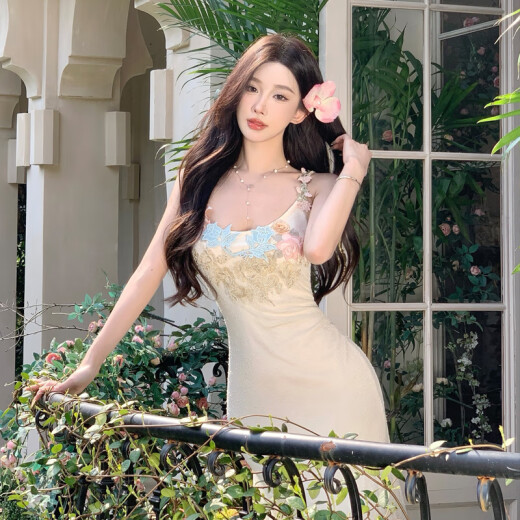 以欧（YIOU）法式花朵鱼尾连衣裙春穿搭包臀掐腰吊带网纱长裙9227 浅杏色 S