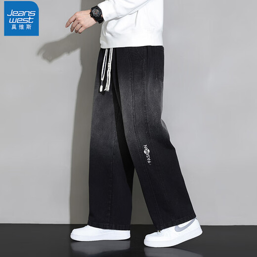 真维斯（JEANSWEST）大码直筒牛仔长裤子男款春秋款美式加绒宽松加肥加大胖子阔腿男裤 黑色 【刺绣】常规 5XL 建议190-210斤