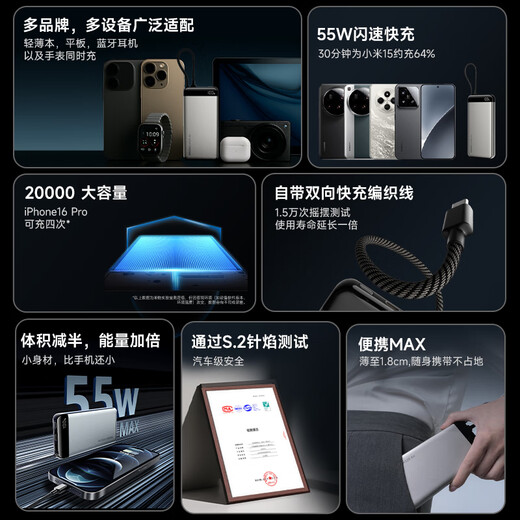 MIIIW Miwu 3C certified, can be used on airplanes, 20000mAh 55W/40W fast charging, built-in cable power bank, suitable for Huawei Honor Apple 17 series M320Air Titanium