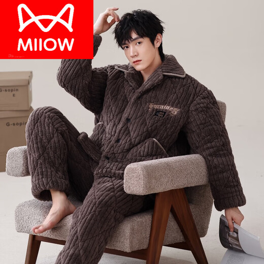 
Cat Man (MiiOW) men's pajamas in autumn and winter, coral velvet three-layer cotton plus velvet thickened winter wear flannel large-size home clothes 13077 men M L size [suggested height 170 175c, weight 11