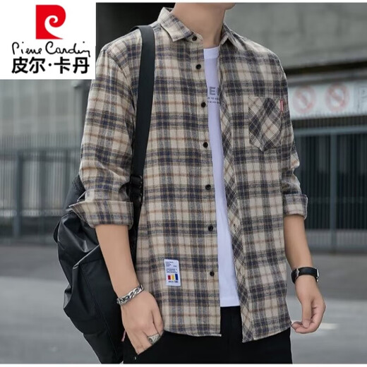 Pierre Cardin plaid casual shirt men's spring and autumn long-sleeved shirt Korean style tops retro loose summer thin jacket K12111 yellow blue M 90-110Jin Jin equals 0.5 kg