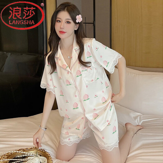 Langsha Summer Pyjamas Fraueneiseice Seide Kurzarmhose Süße Pfirsich Sommer Dünne Seide Zwei-teilige YX#9905 Kurzarmhose M (vorgeschlagen 75-95jin [Jin gleich 0,5 kg]))
