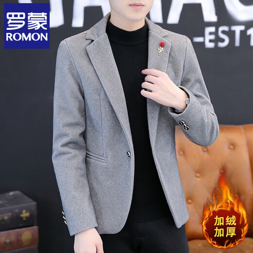 罗蒙（ROMON）秋冬季水貂绒毛呢子西服男士加绒单西上衣商务休闲加厚纯色小西装 D9922黑色(加绒) 加厚 M