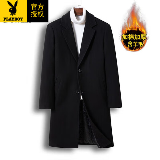 Playboy (PLAYBOY) autumn and winter cotton thickened men's woolen coat mid-length business casual coat windbreaker tops men's black 3XL