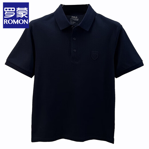 ROMON (ROMON) hem slit polo shirt men's short-sleeved T-shirt lapel summer cotton embroidery business casual half-sleeved men's top Navy blue XL