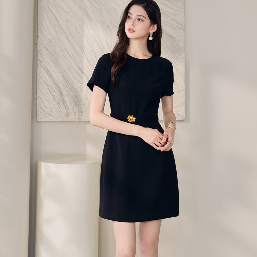 ROEYSHOUSE罗衣时尚青蓝色圆领连衣裙女2025夏季新款气质通勤系带A字裙12162 黑色 S