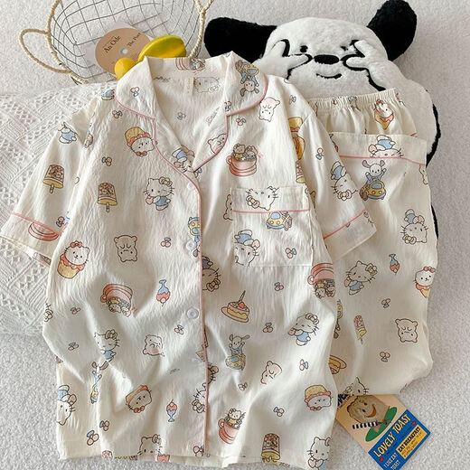 夏季短袖睡衣女薄款开衫三件套家居服新款可外穿卡通学生少女套装 9911浅杏蛋糕KT猫三件套 L