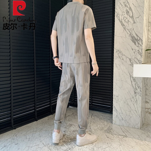 Pierre Cardin Anzug Herren Sommereis Seide Kurzärärmelte T-Shirt für Männer trendy Slim Fit hübsches neun-Punkte-Hose Freizeitsport zweiteiler Set Grey 719 Anzug M Empfohlen 85-105jin [Jin gleich 0,5 kg]