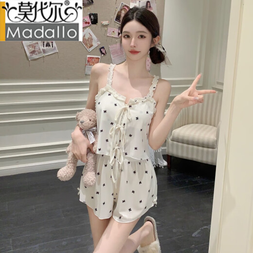 
Modal suspender pajamas for women in summer two-piece set thin ice ribbon chest pad sweet sexy pure and delicate small floral home clothes KZ7371 black butterfly M