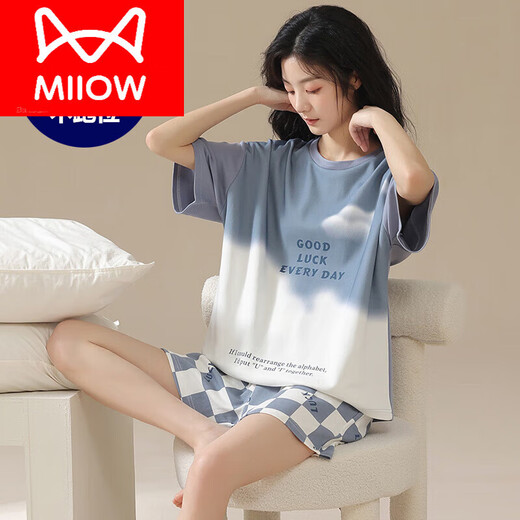 Catman (MiiOW) pajamas with breast pad for women in summer new cartoon internet celebrity pure cotton shorts suit sweet and can be worn outside home clothes CK-6173 M - chest pad