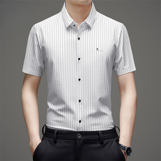 Jinlilai kurzärärmiges Hemd Herren Sommer Neugeschäft Casual High Elastic Nicht-Scaling Ice Seide gestreiftes Hemd C612 Weiß L 170