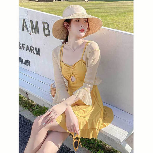 Yuyaman one-piece swimsuit for women in hot springs with blouse, two-piece skirt style, conservative belly covering, slimming, sun protection, beach vacation, yellow with blouse, one size fits all