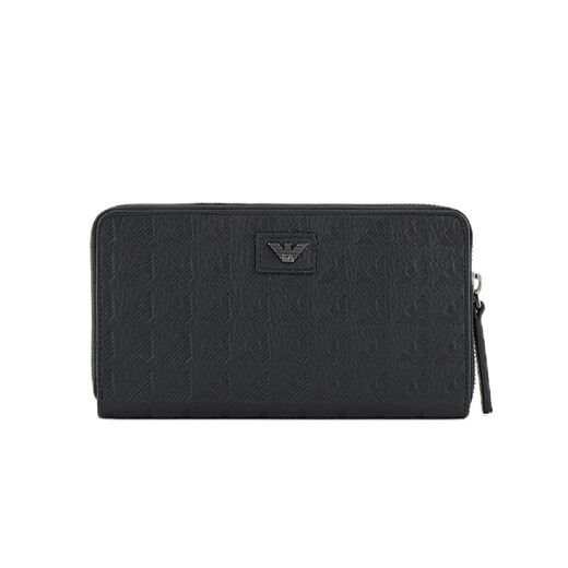 Armani EA Men's Wallet Embossed Eagle Pattern Black Calfskin Zipper Opening Horizontal Coin Purse 2025 New Black Regular