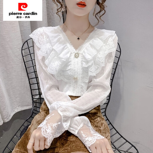 Pierre Cardin 2025 Spring and Autumn New Korean Style Fashionable V-neck Lace Ruffled Chiffon Shirt Elegant Super Fairy Top for Women Apricot V-neck Long Sleeves Soft Breathable Fabric Lined 2XL 125-150Jin Jin is equal to 0.5kg