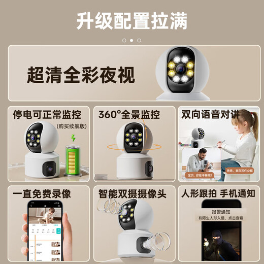 
Mingsheng Home Surveillance Camera Dual Camera Dual Screen Monitor with Night Vision Panoramic 360 Degree No Dead Near Intercom Indoor and Outdoor Globe Monitor AI Humanoid Tracking 15