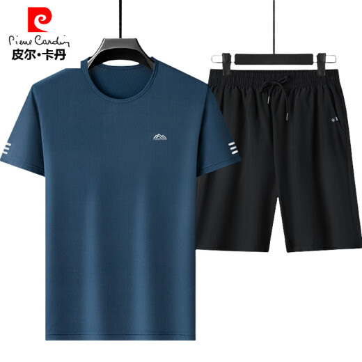 皮尔卡丹（pierre cardin）夏季冰丝圆领短袖t恤短裤两件套男士透气速干休闲运动套装男 套装5012黑色 XL 175建议135-150斤