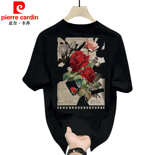 Pierre cardin rose print heavy short-sleeved T-shirt men's summer American retro trendy brand loose large size base shirt half-sleeved top white [front left and back large picture K838 SAYHI hand XL recommended 140-160Jin [Jin equals 0.5 kg]