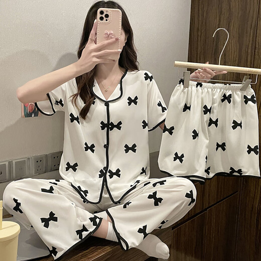 TUM! Ice silk pajamas for women in summer short-sleeved shorts trousers thin large size 200 Jin [Jin equals 0.5 kg] Fat MM loose three-piece set home clothes Yunduo cotton short length xme-1355 green with chest pad M size 80-95 Jin [Jin equals 0.5 kg]