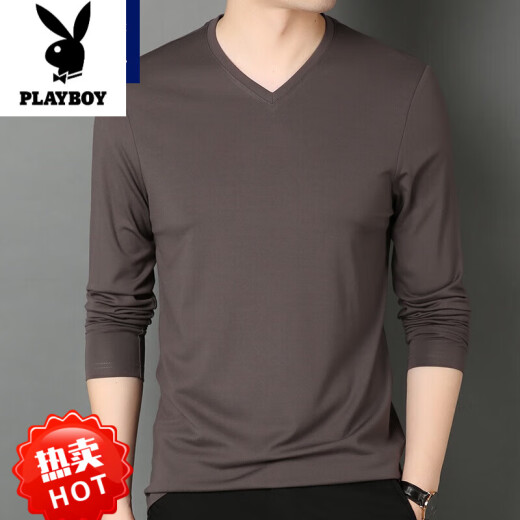 花花公子（PLAYBOY）莫代尔T恤男长袖V领春秋内衣休闲春装上衣冰丝夏季薄款低领打底衫 1506 V领藏青 M 165