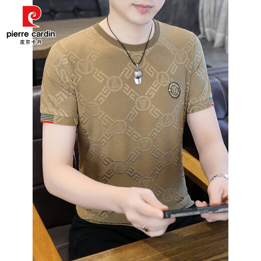 皮尔卡丹冰丝短袖T恤男士夏季修身半袖速干体恤薄款加大码潮流帅气上衣服 DX869V字-卡其色 L