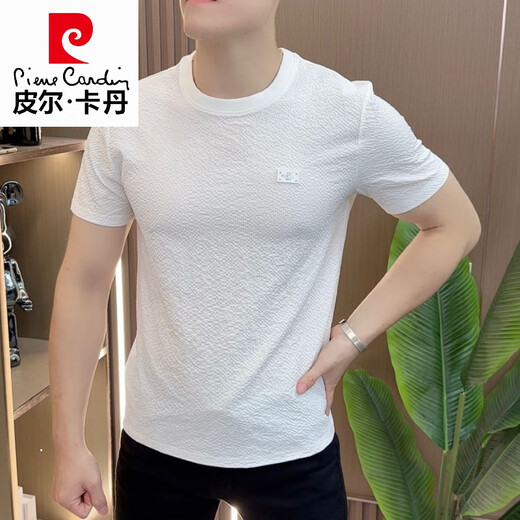 
Pierre cardin designer summer bubble yarn texture embroidered round neck men's short sleeve fashion half sleeve versatile light luxury comfortable 1105 white M (-Jin[Jin equals 0.5 kg])