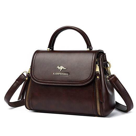 Kangaroo Cara Bag Women's Bag Women's 2025 Autumn and Winter New Middle-aged Women's Bag Mom Bag Crossbody Small Bag Genuine Leather Shoulder Bag Brown (Hand Bag + Card Holder + Gift Box)