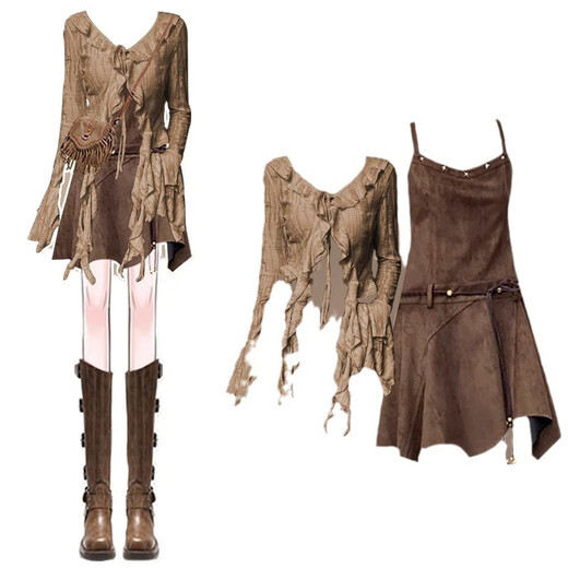 Gem City Maillard Kleidanzug Neues Retro Langarmed Top mit Wasteland Style Desert Kleid zweiteiliger Aprikosen-Top + brauner Rock M1563 m