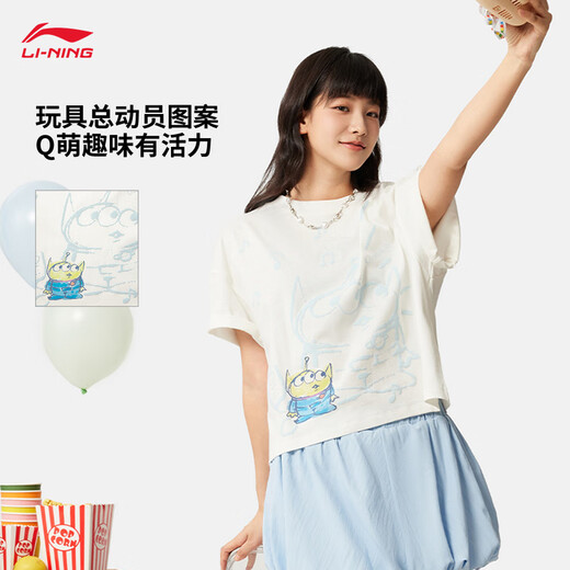 Li ning Toy Story Joint Serie 丨 T-Shirt Frauen 2025 Neues loser Kurzarm-Kulturhemd AHSV690 MILK WHITE-1 L.