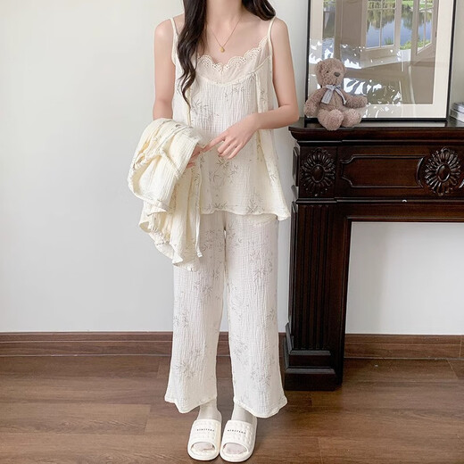 梦特娇（MONTAGUT）云朵棉睡衣女春秋季长袖吊带三件套可爱树叶纯欲风家居服2025新款 tfn#f9930 均码 m建议75-95斤