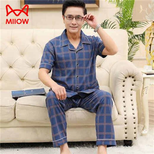 
Catman (MiiOW) Middle-aged dad pajamas men's summer short-sleeved trousers 100 pure cotton suit for the elderly to add fat and larger size thin style 698 L (recommended 110-130 Jin [Jin equals 0.5 kg])