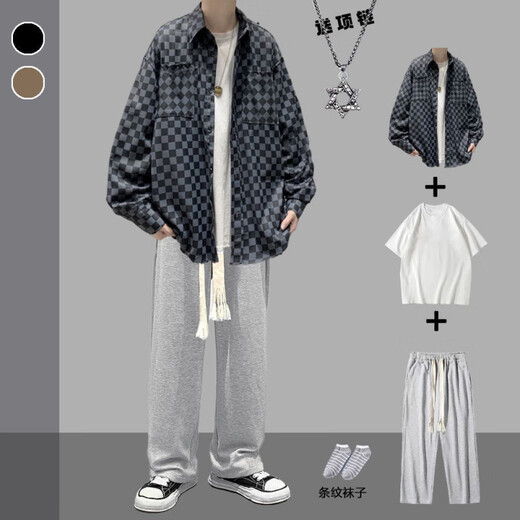 Rongxitu Chaqueta de chaqueta de chaqueta de color caqui Camisa de cinco piezas de cinco piezas Spring y Autumn New Style Card 684+White Short Sleples+Grey Big Rope Pants+Collar+Calcetines XL La calidad es más alta que la de los compañeros