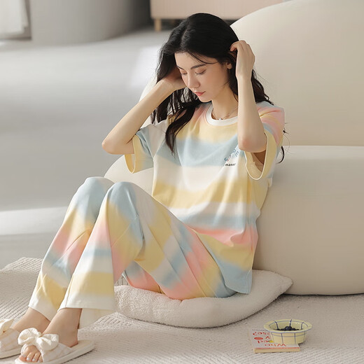 夏季女士短袖睡衣套装纯棉长裤家居服全棉可外穿夏天条纹卡通 Y9719 M (建议75-95斤)