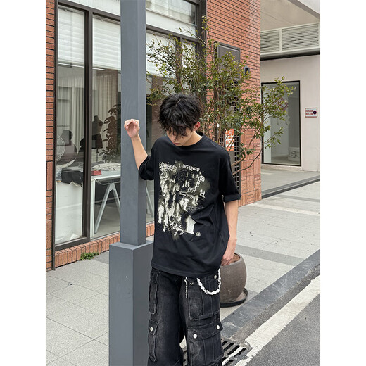 7 hochwertige Brief bedruckte kurzärmelige T-Shirts für Männer und Frauen für den Sommer New American Retro Casual Sport Trend Lose Paar Top xxjr-t1504 Black XL