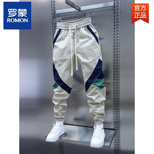 罗蒙（ROMON）男士春秋新款拼色束脚休闲裤松紧腰拼接小脚裤潮流新款时尚哈伦裤 黑色 32 建议135-150斤