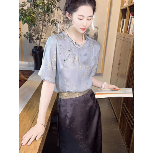 Unsichtbarer urban neuer chinesischer Stil Frauenkleidung Nachahmung Seide 2025 lässige Kurzärmer-T-Shirt-Top für Frauen im Sommer Nachahmung Mulberry Seidenhemd Bild Farbe 9854 m