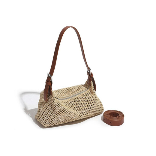 
New spring and summer women's shoulder bag handbag versatile and fashionable fashionable casual simple retro woven bag camel color (delivered two shoulder straps