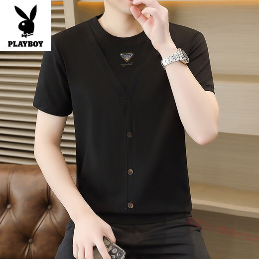 Playboy a un t-shirt à manches courtes en V pour hommes en été à la tendance des boutons minces pour les faux cotons mercerisés en deux pièces pour hommes 5588-6623 blanc M 90-105Jin [Jin est égal à 0,5 kg]