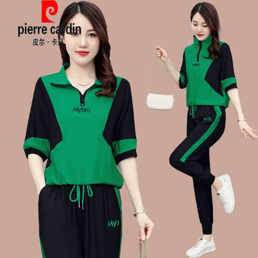 皮尔卡丹（pierre cardin）冰|丝休闲套装女士2025夏季新款宽松大版女装时尚减龄短袖运动服 (684)黑色 M (建议100斤以下)