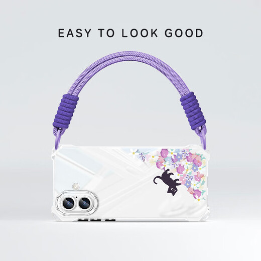 Jingna Applicable to Apple 16 mobile phone case new 16e cartoon Pro can be cross-body lanyard iPhone silicone flower cat promax four corner anti-fall women's protective cover transparent - flower cat blue - pendant B109 Apple 16